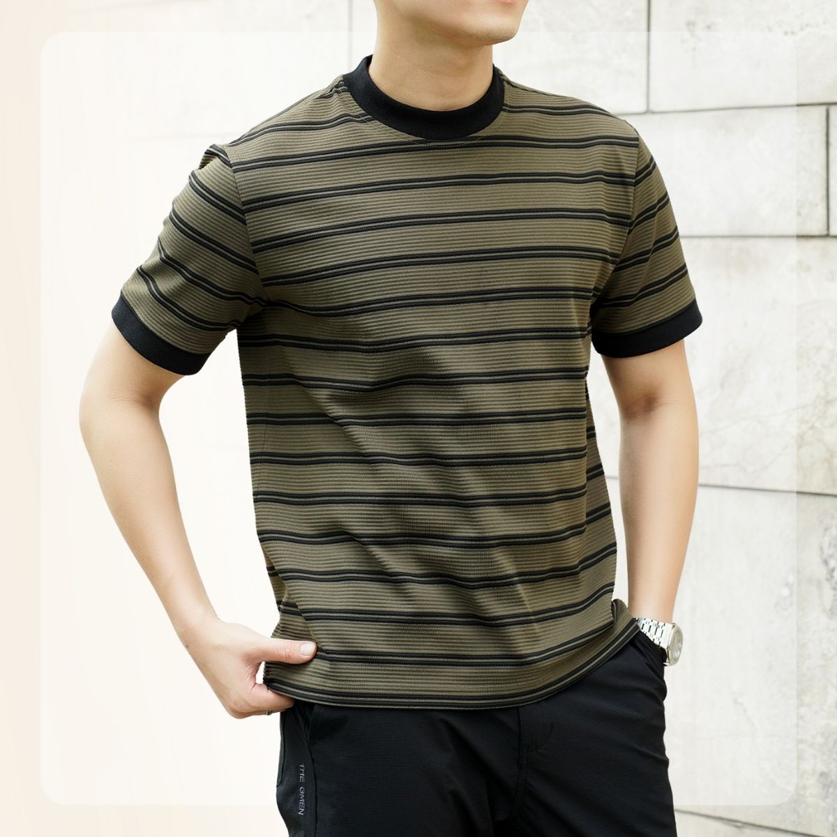 Áo thun kẻ sọc Striped Tee 100% Cotton, form Slimfit vừa vặn - Nâu