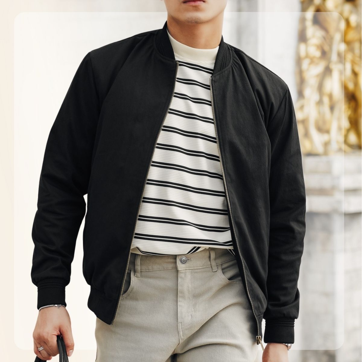 Áo khoác chần bông W25 Kaki Bomber dày dặn, thoải mái - đen