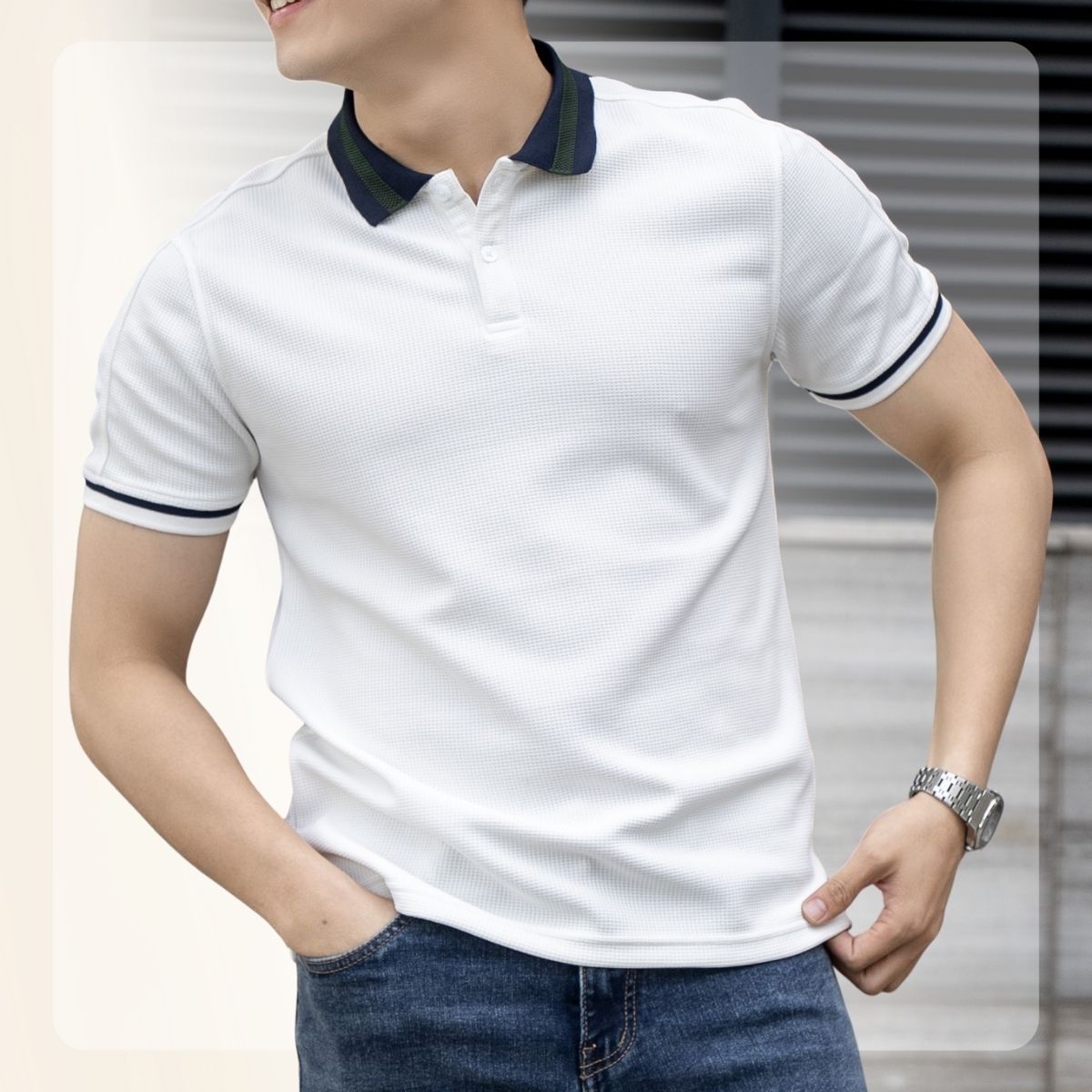 Áo Polo Line Waffle Polo vải Cotton, thoáng mát, ráp vai tôn dáng - Trắng