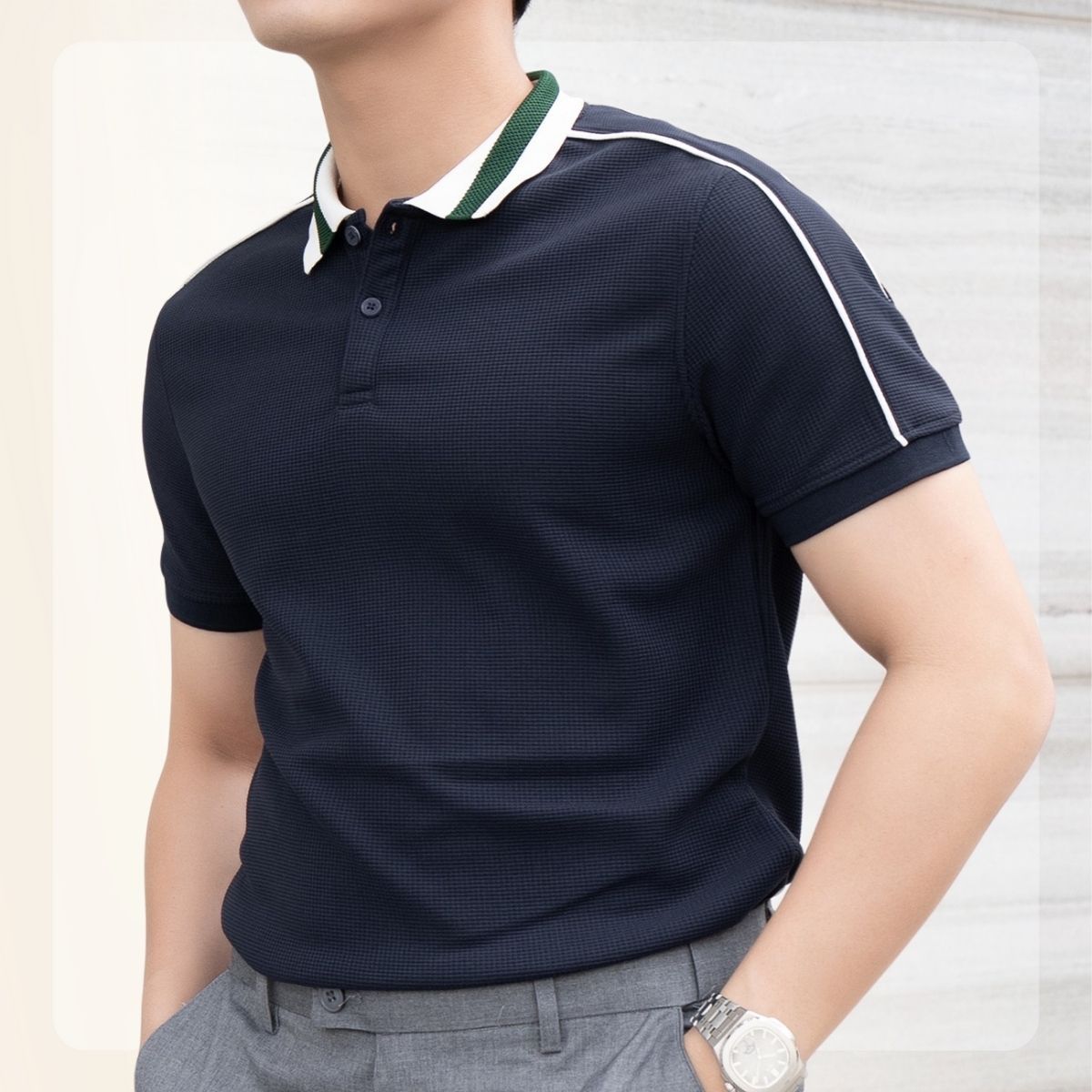 Áo Polo Line Waffle Polo vải Cotton, thoáng mát, ráp vai tôn dáng  - Navy