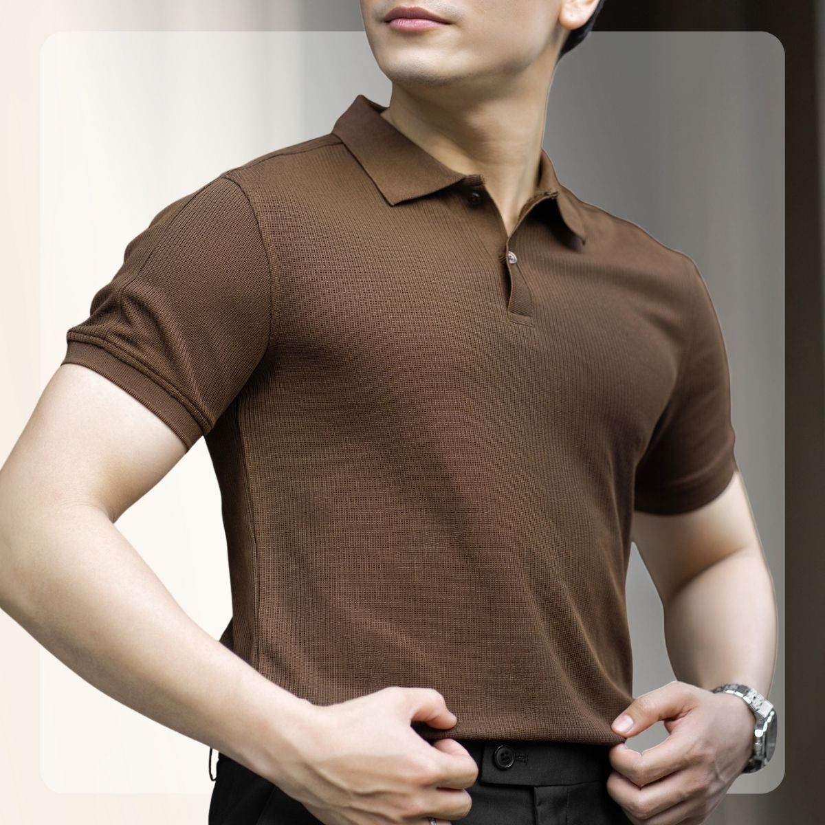 Áo Polo Weave Polo vải Cotton, thoáng mát, ráp vai tôn dáng -  NÂU