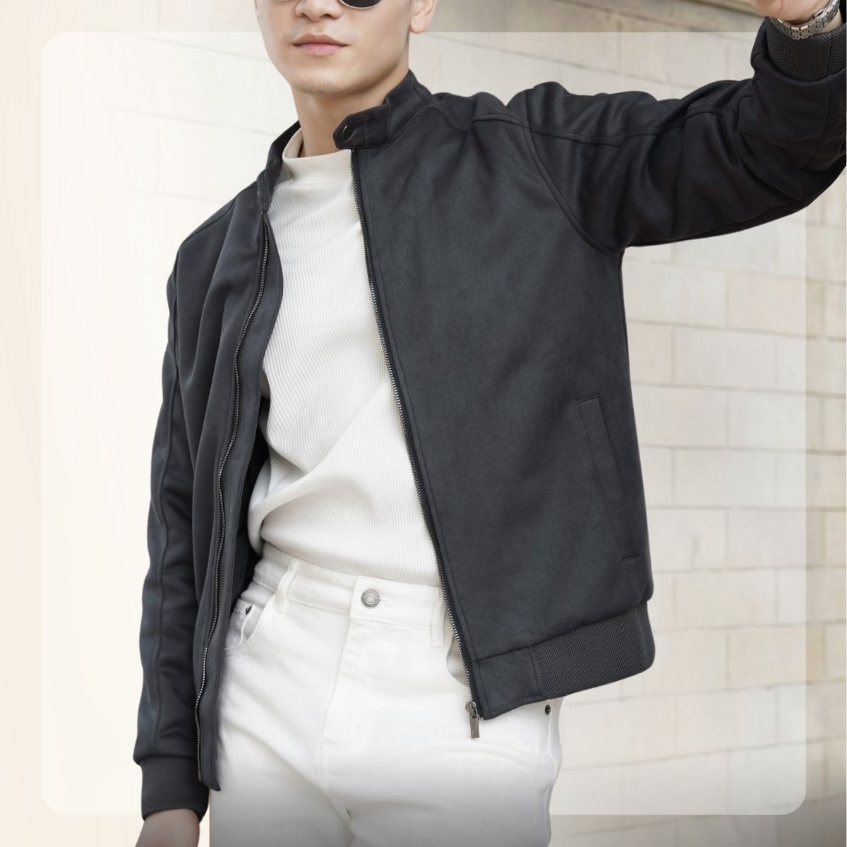 Áo khoác da lộn cổ trụ Biker F23 Racer Jacket form dáng cổ điển - XÁM