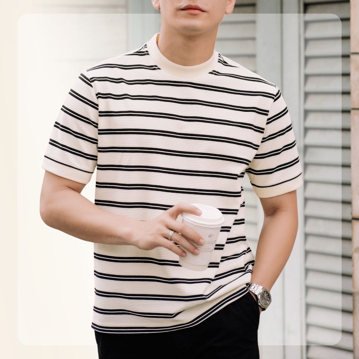 Áo thun kẻ sọc Striped Tee 100% Cotton, form Slimfit vừa vặn - KEM