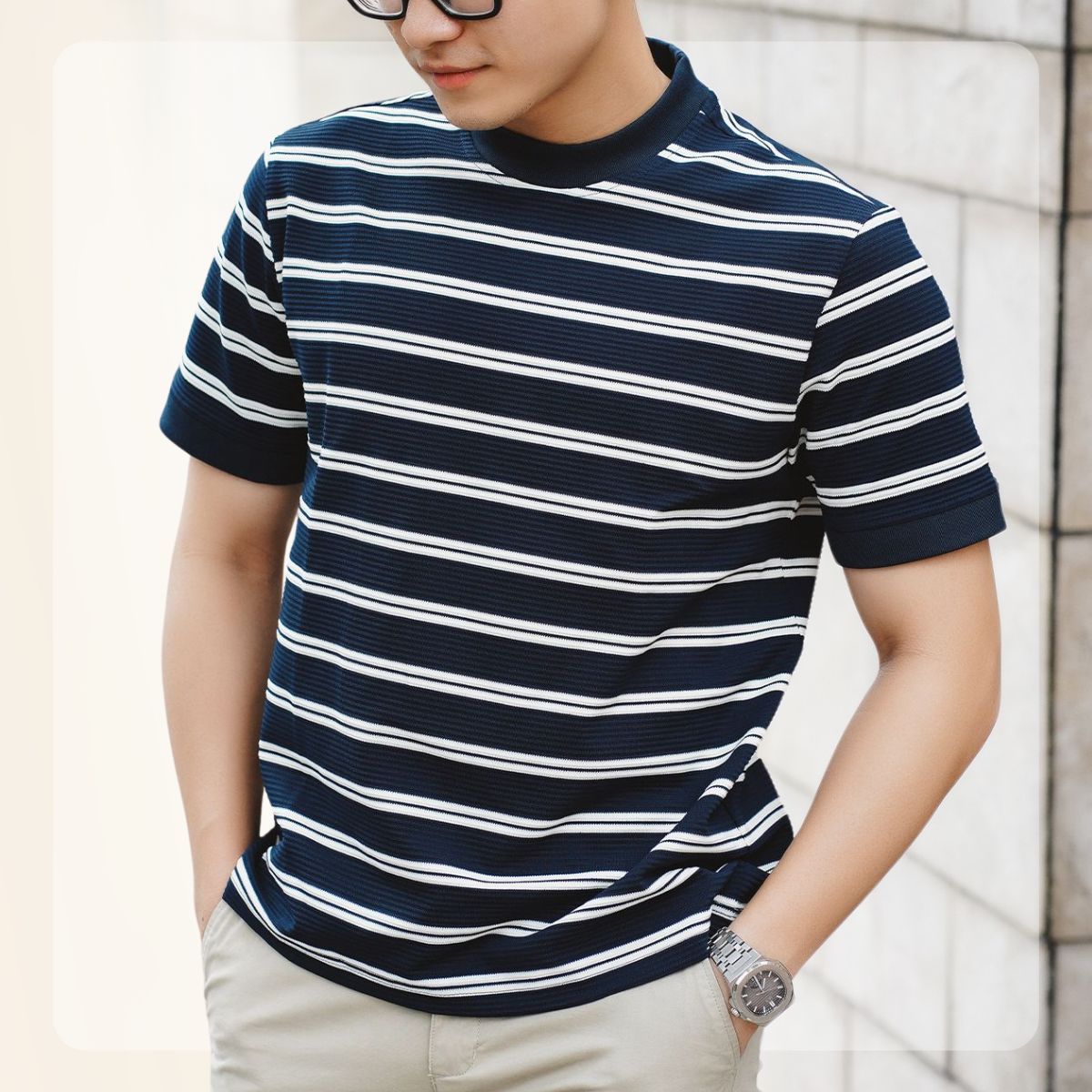 Áo thun kẻ sọc Striped Tee 100% Cotton, form Slimfit vừa vặn - Navy