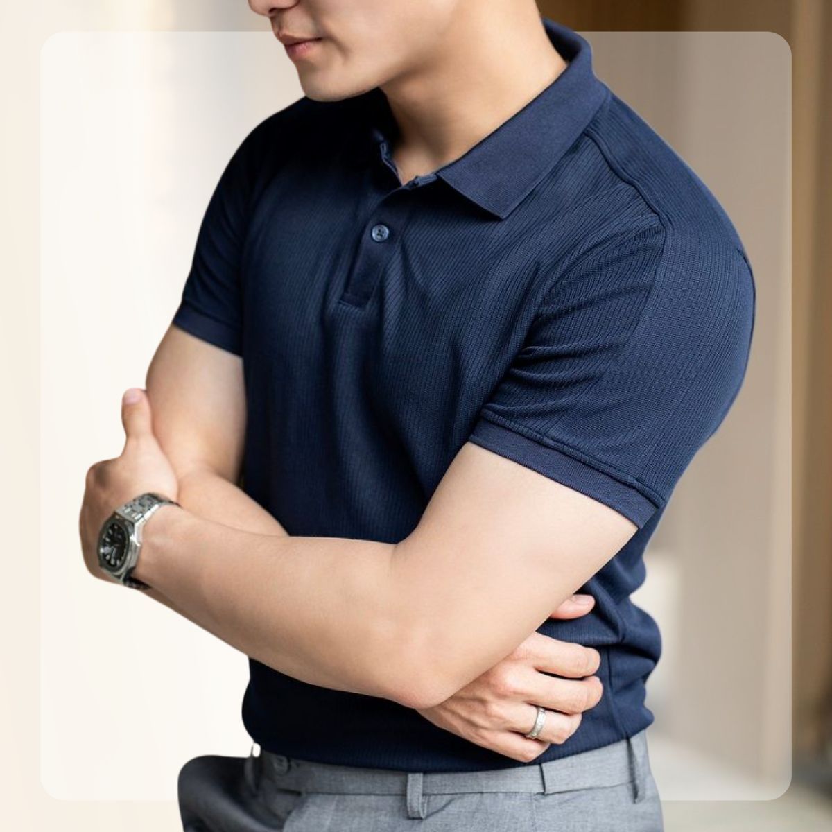 Áo Polo Weave Polo vải Cotton, thoáng mát, ráp vai tôn dáng - NAVY