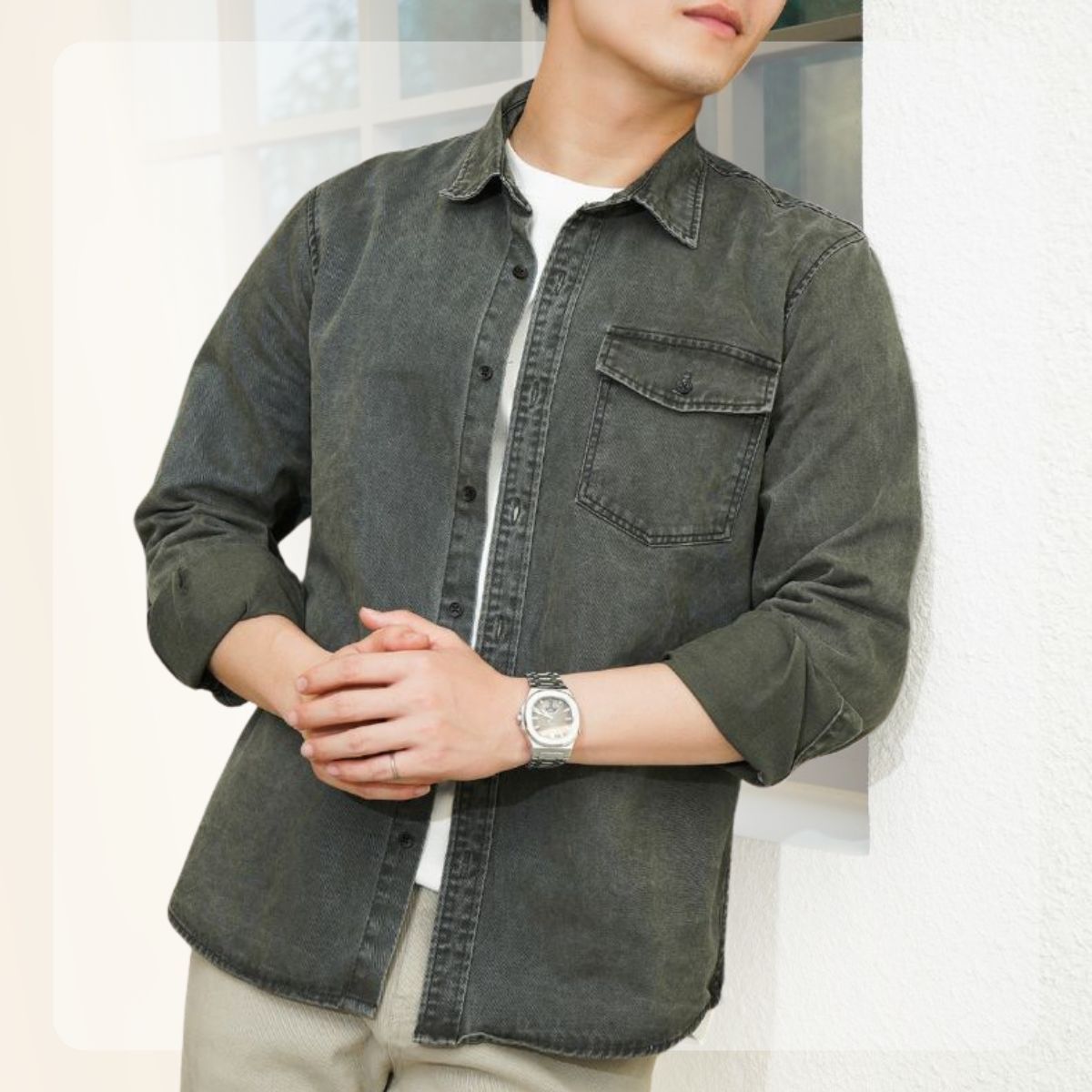 Áo khoác sơ mi Kaki Shirt Jacket đứng form, dày dặn - RÊU