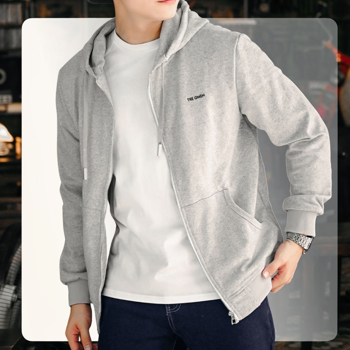 Áo khoác nỉ da cá GM Zip Hoodie - XÁM