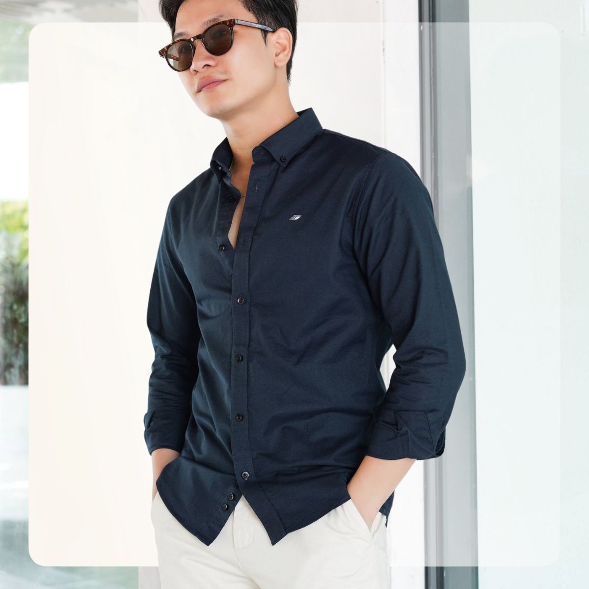 ÁO SƠ MI S24 OXFORD THOÁNG MÁT, THÊU HÌNH NHỎ Ở NGỰC - NAVY