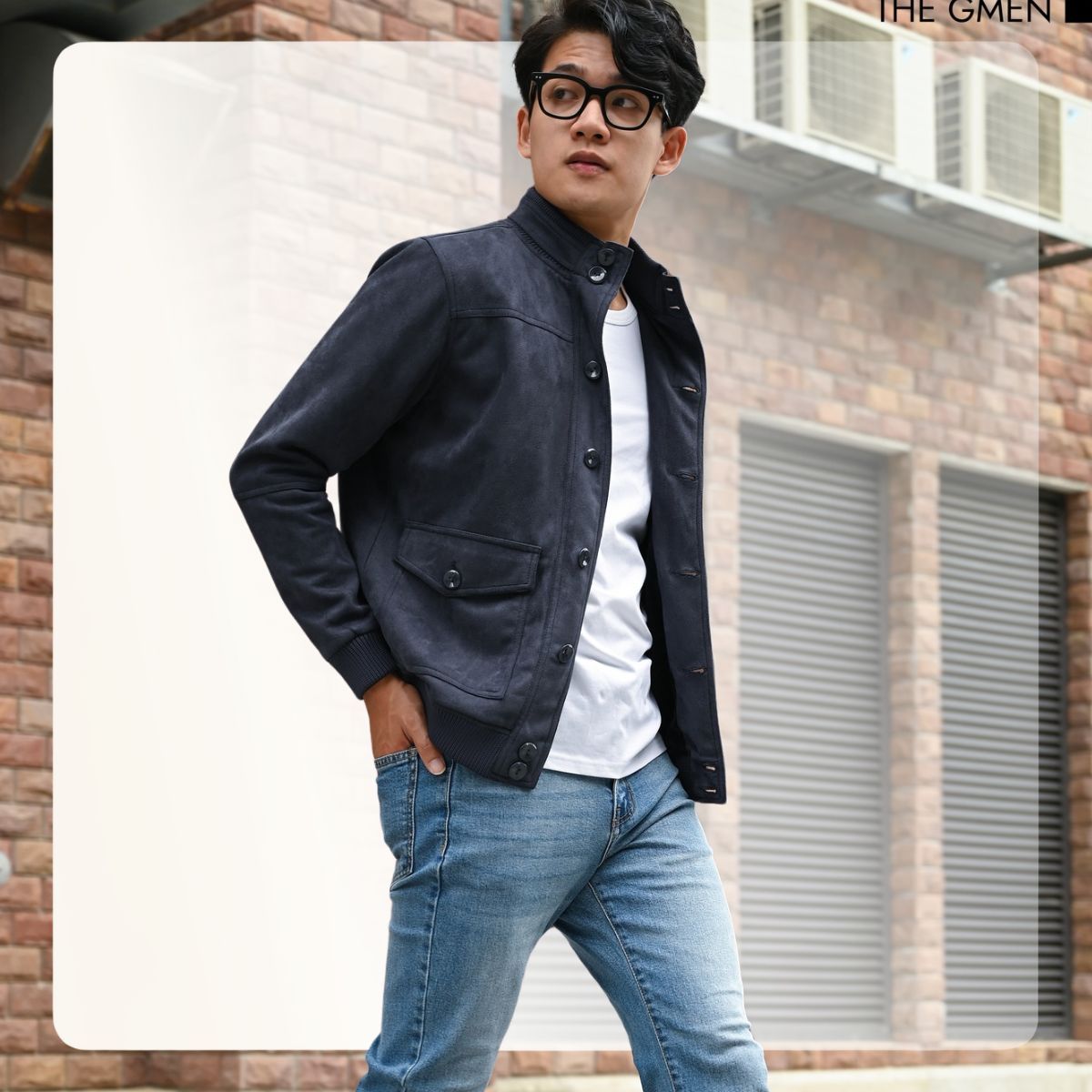 Áo khoác da lộn Suede Jacket giữ ấm tốt - XANH NAVY