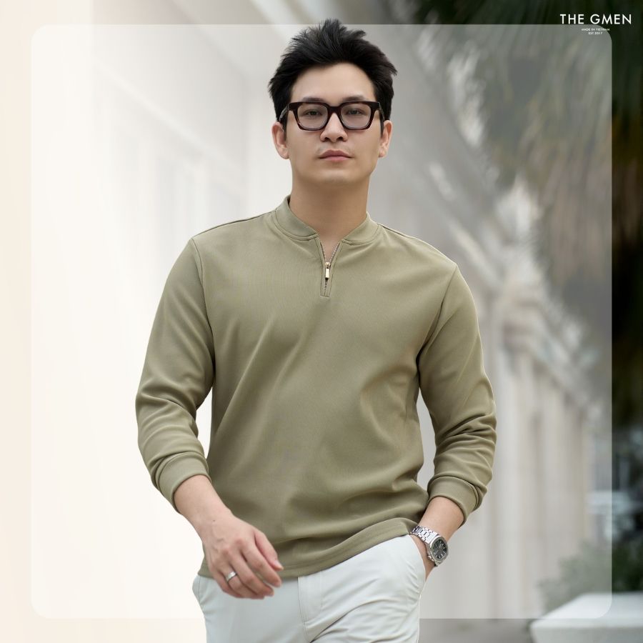 Áo sweater nam Zip Sweater form regular - Olive