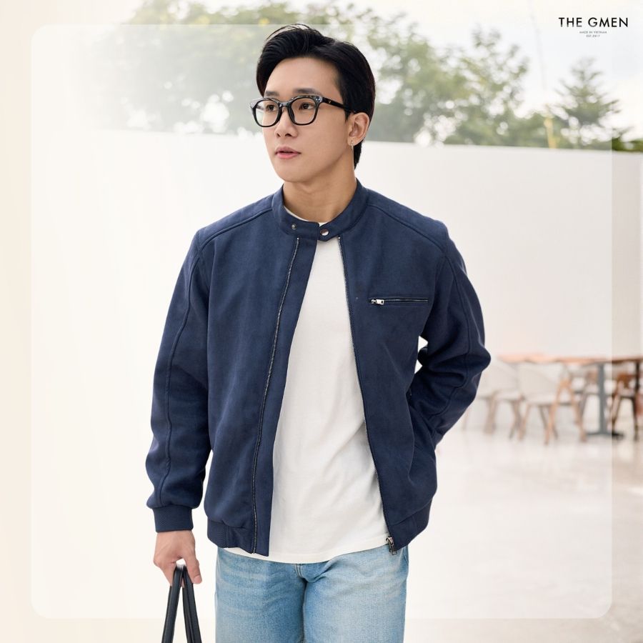 Áo khoác da lộn nam Biker Suede Jacket form regular - Navy