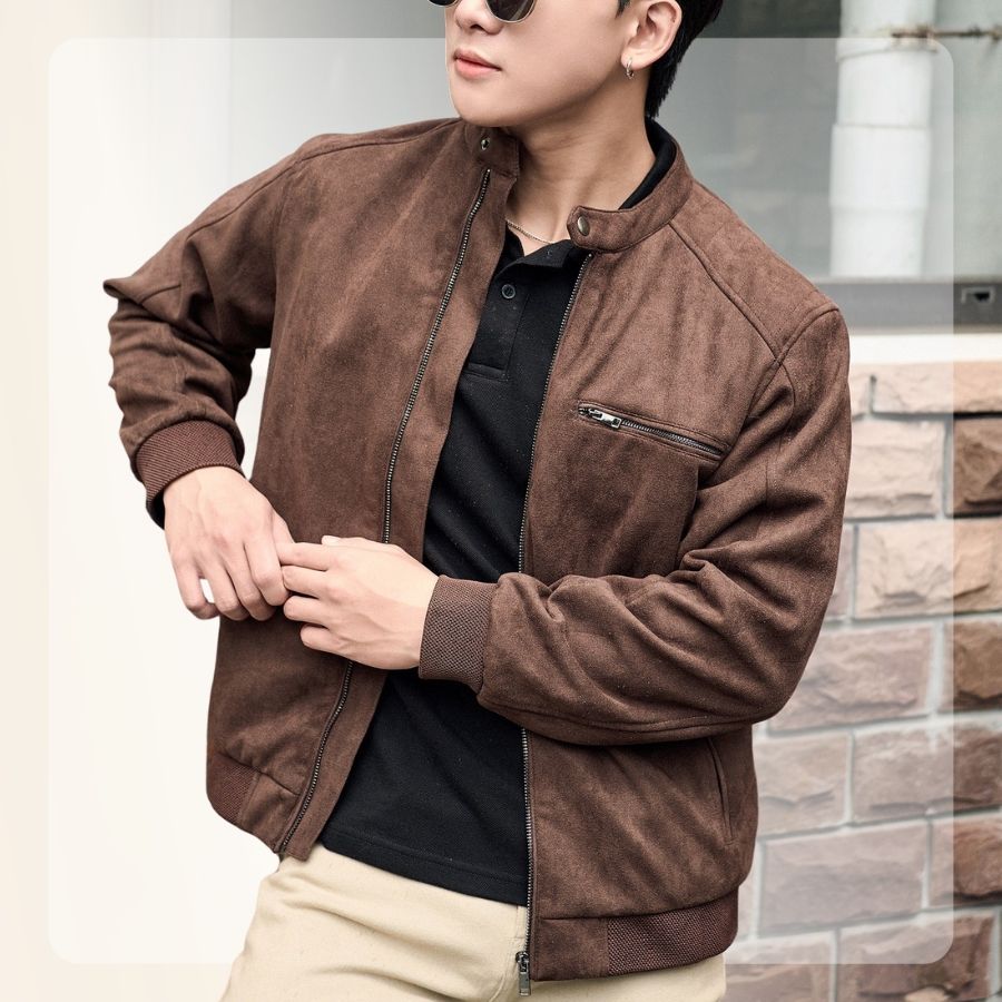 Áo khoác da lộn nam Biker Suede Jacket form regular - NÂU