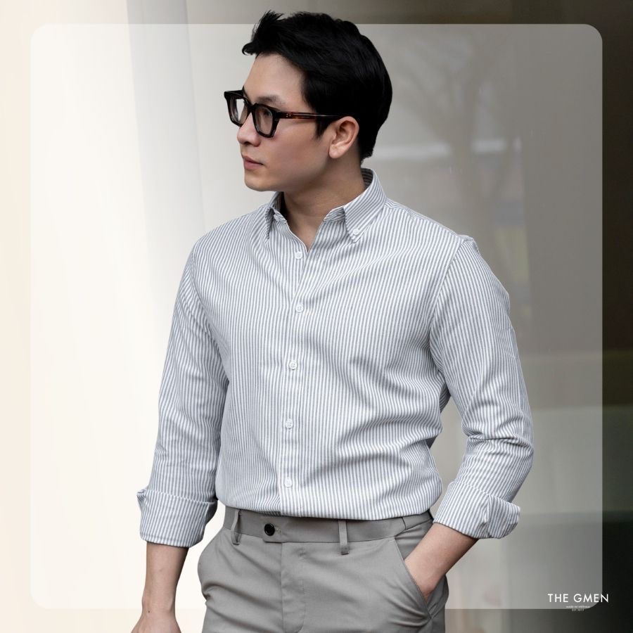 Áo sơ mi nam G26 Striped Oxford Shirt form regular - Xám sọc