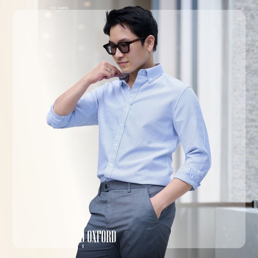 Áo sơ mi nam G26 Striped Oxford Shirt form regular - Xanh sọc