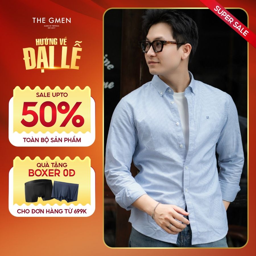 Áo sơ mi nam S25 Oxford Shirts đứng form, thoải mái, thấm hút mồ hôi - Xanh kẻ nhạt