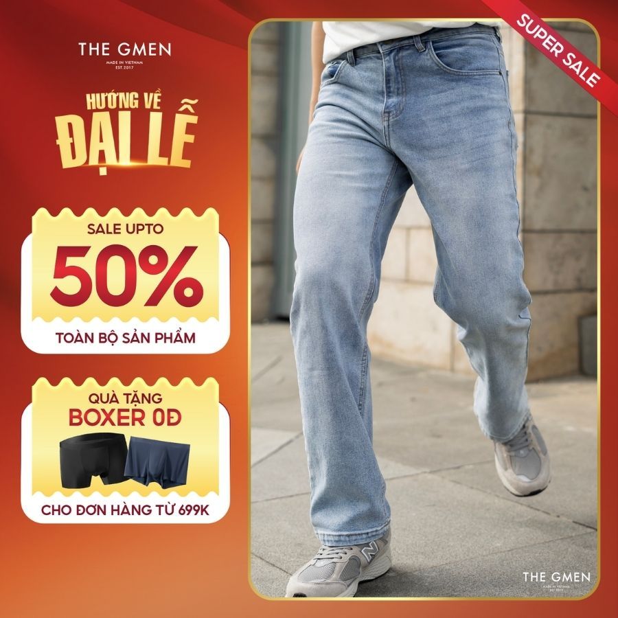 Quần nam Loose New Jeans ống suông, form rộng, thoải mái, co giãn - Light Blue