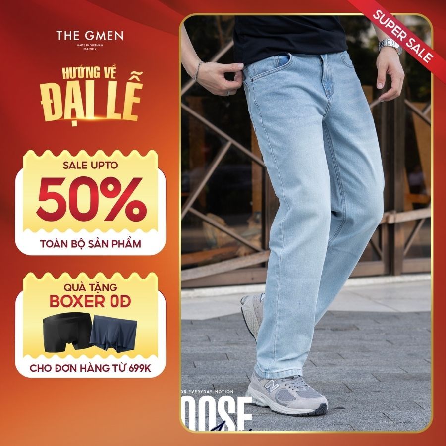 Quần nam Loose New Jeans ống suông, form rộng, thoải mái, co giãn - Medium Blue