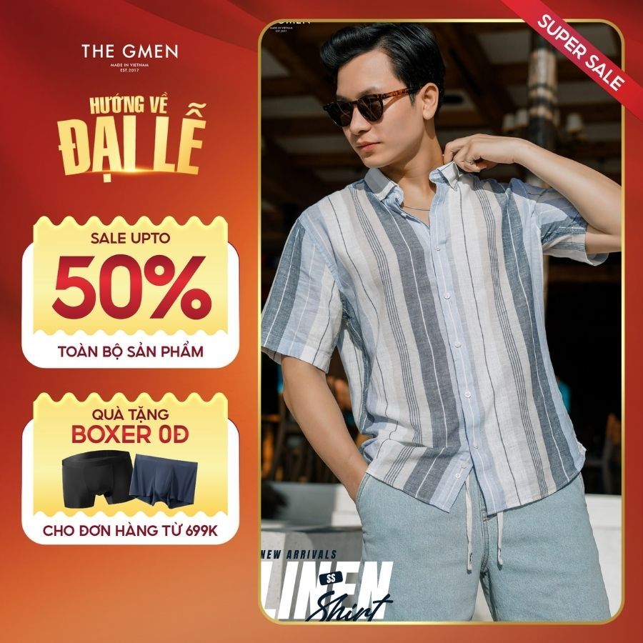 ÁO SƠ MI NAM LINEN NGẮN TAY L24 LINEN SS SHIRT - XANH SỌC