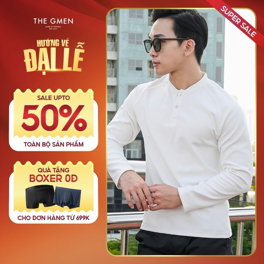 Áo thun dài tay cổ trụ có nút F23 Henley Sweater form dáng basic TRẮNG- THE GMEN ELEGANT EST 2017