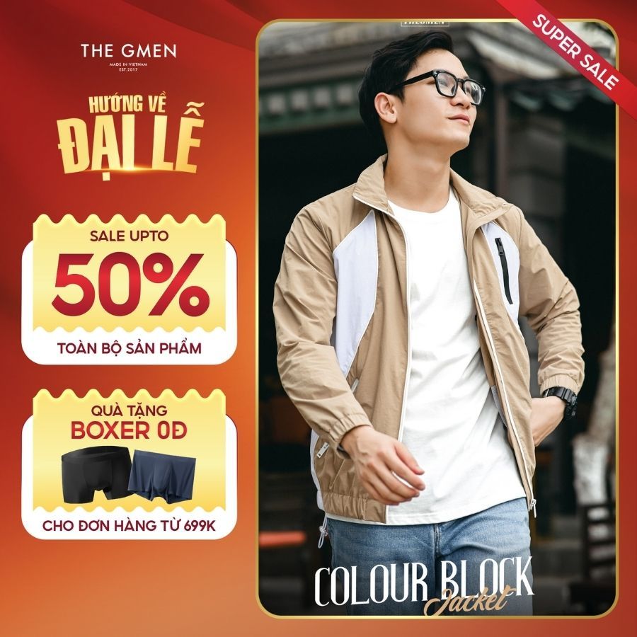 Áo khoác COLOUR BLOCK JACKET vải Cotton, form Regular - Be - THE GMEN ELEGANT EST 2017