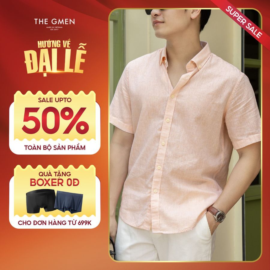Áo Sơ mi nam Linen ngắn tay Linen SS Shirt form thoải mái - Cam