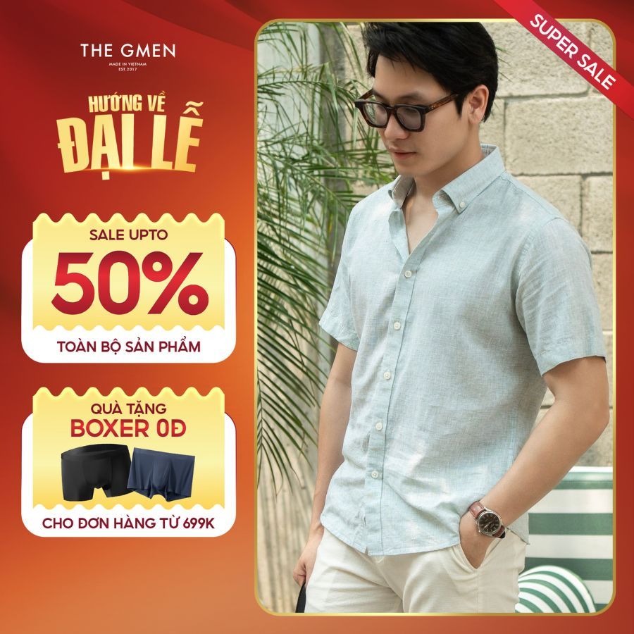 Áo Sơ mi nam Linen ngắn tay Linen SS Shirt form thoải mái - Xanh nhạt