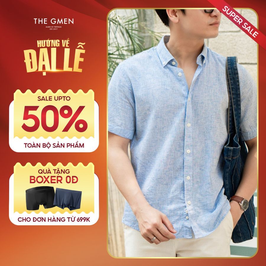 Áo Sơ mi nam Linen ngắn tay Linen SS Shirt form thoải mái - Xanh sọc