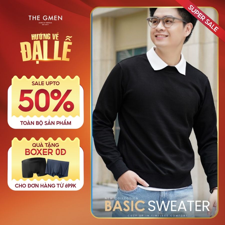 Áo Sweater nỉ form dáng slimfit F24 Basic Sweater - ĐEN