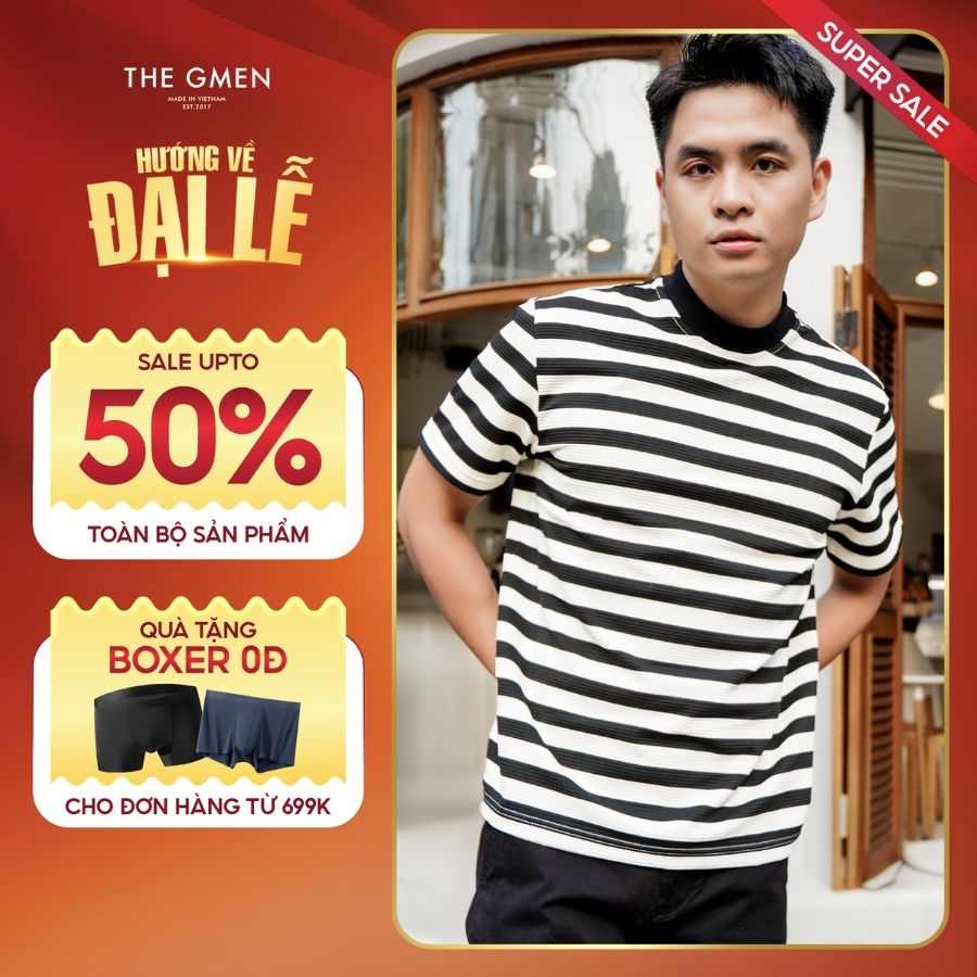 Áo thun nam kẻ sọc Striped Tee 100% Cotton, form Slimfit vừa vặn -  Đen