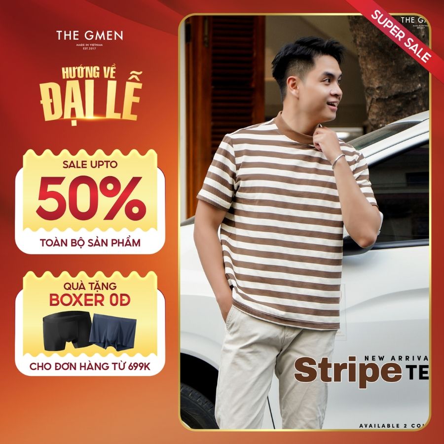 Áo thun nam kẻ sọc Striped Tee 100% Cotton, form Slimfit vừa vặn - Nâu