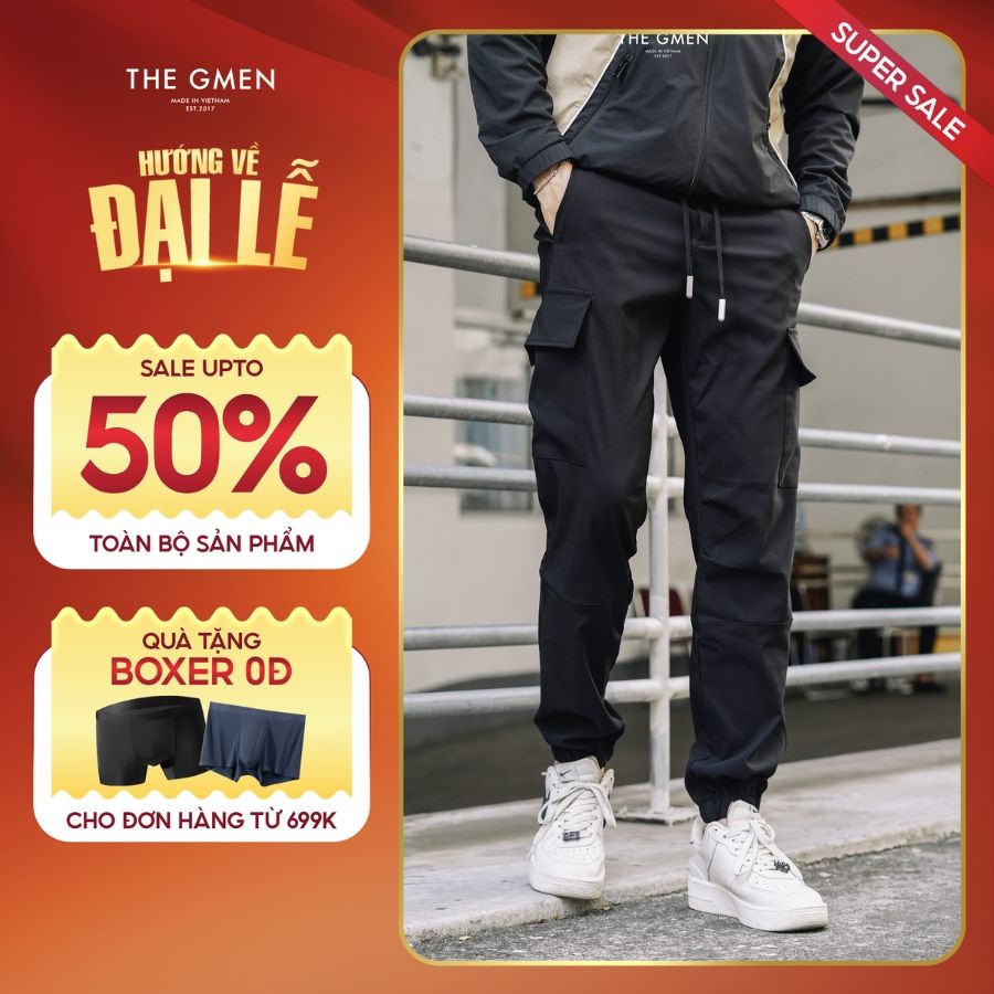 QUẦN GIÓ NAM TÚI HỘP GM JOGGER FORM REGULAR, SIÊU NHẸ - ĐEN