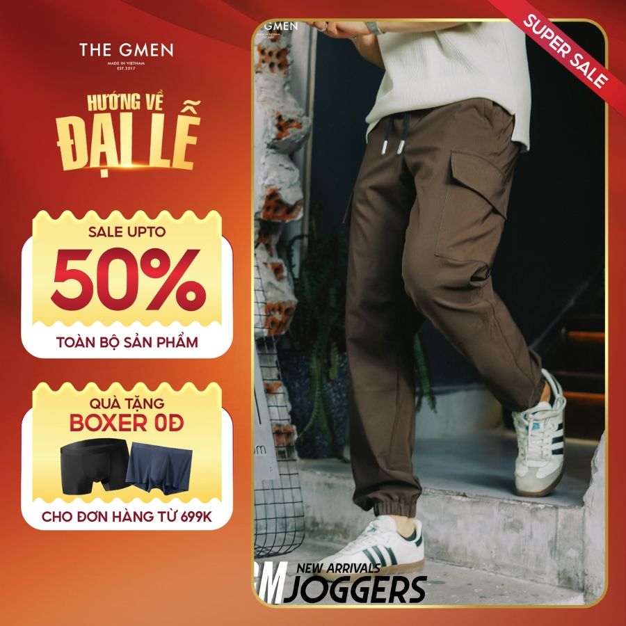 Quần gió nam túi hộp GM Jogger form Regular, siêu nhẹ - NÂU