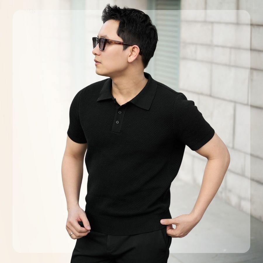 Áo polo dệt len S26 Knit Textured Polo - Đen