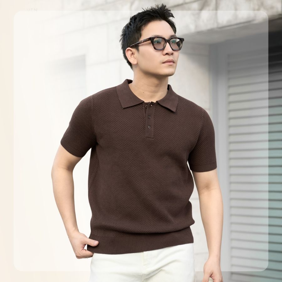 Áo polo dệt len S26 Knit Textured Polo - Nâu