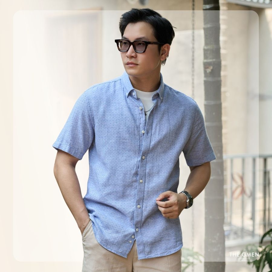 Áo Sơ mi nam ngắn tay L26 Linen SS Shirt - Xanh đậm