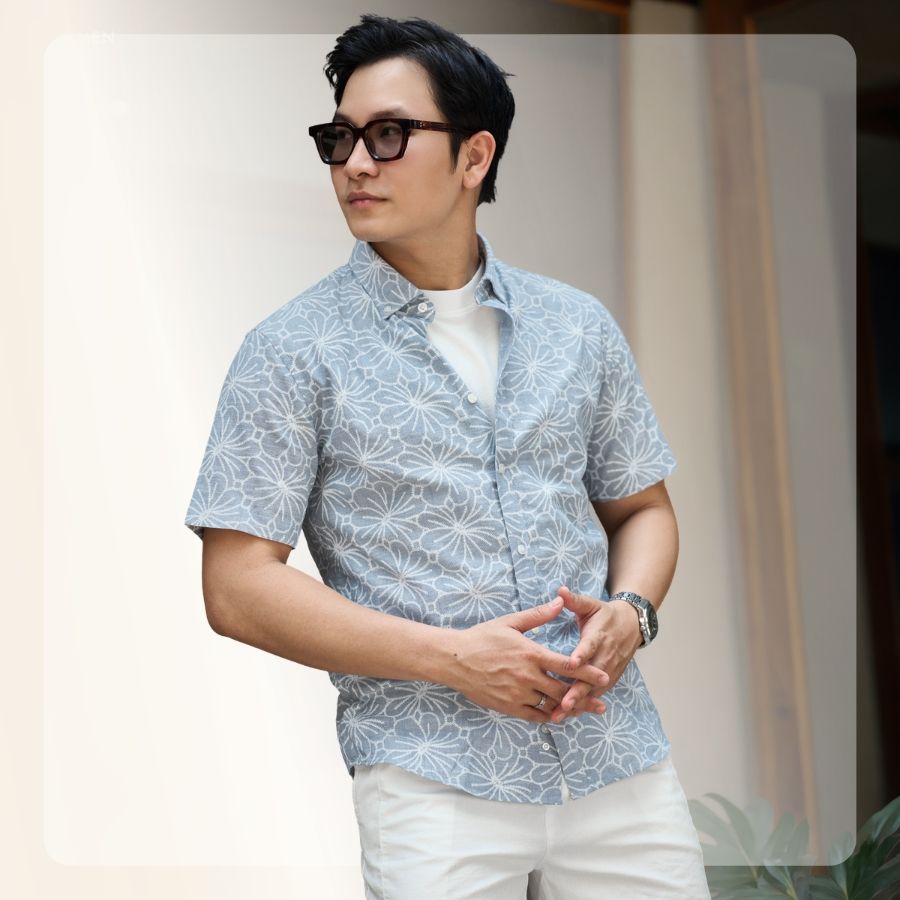 Áo Sơ mi nam ngắn tay L26 Linen SS Shirt - Xanh hoa
