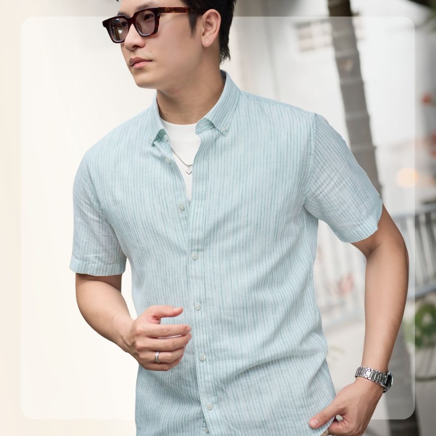 Áo Sơ mi nam ngắn tay L26 Linen SS Shirt - Sọc cốm