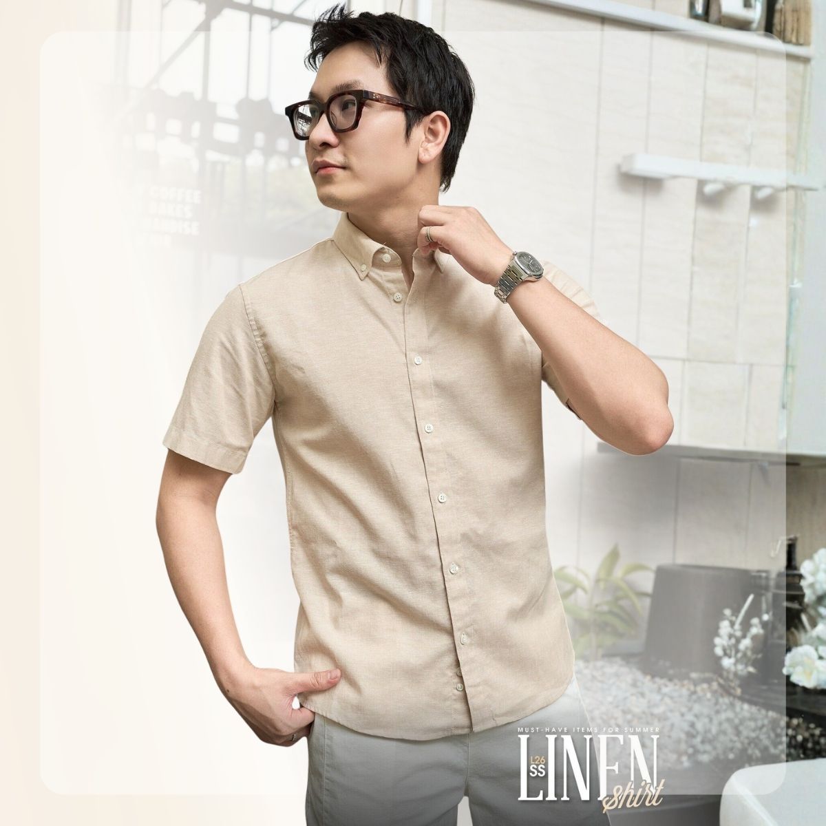Áo Sơ mi nam ngắn tay L26 Linen SS Shirt - Be nâu
