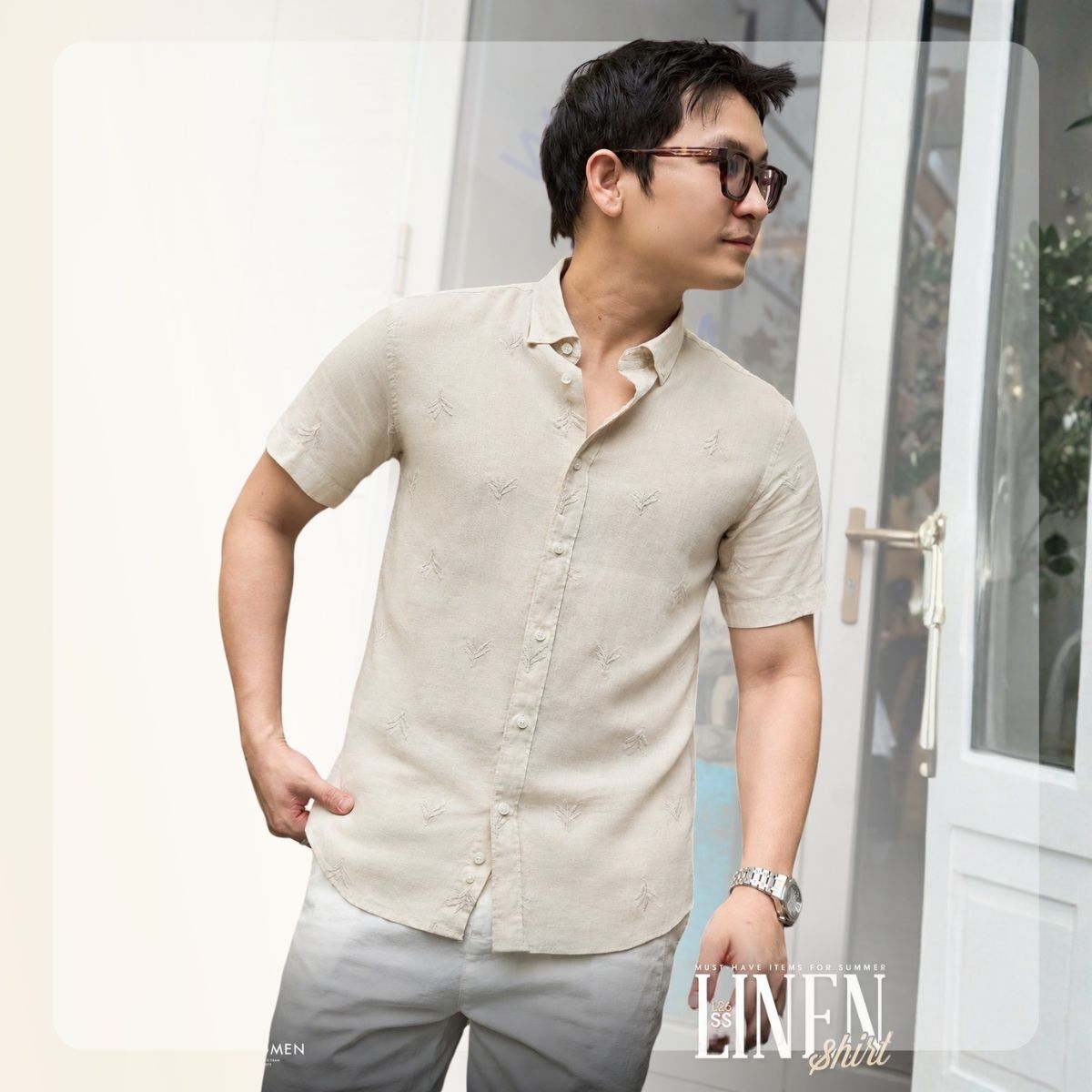 Áo Sơ mi nam ngắn tay L26 Linen SS Shirt - Be hoạ tiết