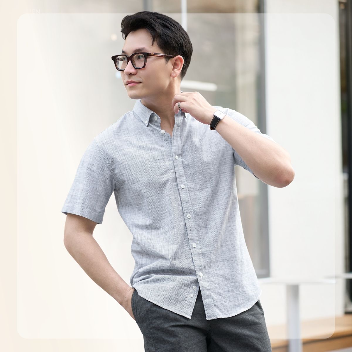 Áo Sơ mi nam ngắn tay L26 Linen SS Shirt - Xám vân