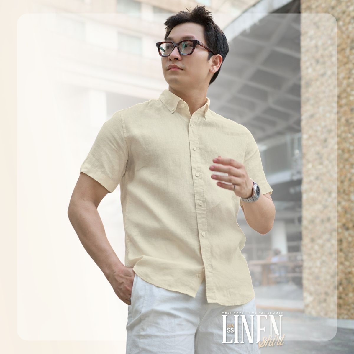Áo Sơ mi nam ngắn tay L26 Linen SS Shirt - Kem