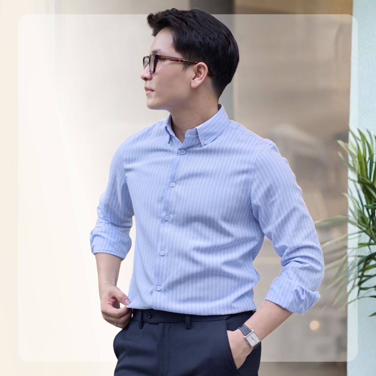 Áo Sơ mi nam ngắn tay S26 Line Oxford Shirts - Xanh nhạt