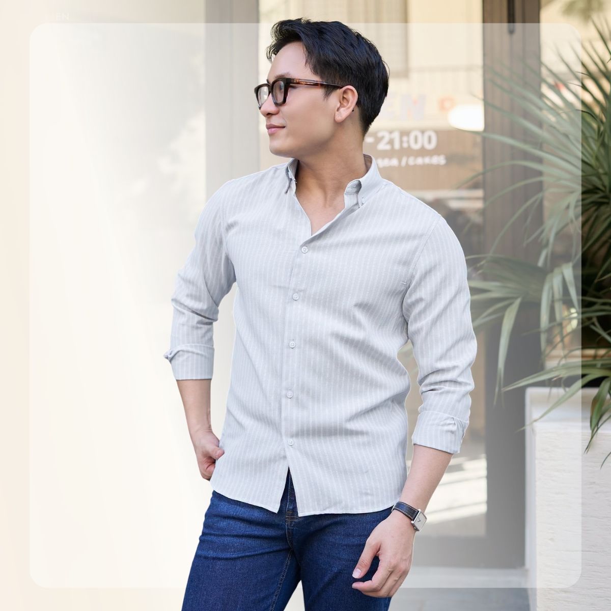 Áo Sơ mi nam ngắn tay S26 Line Oxford Shirts - Xám trắng