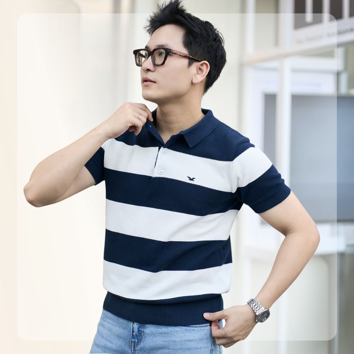 Áo polo len dệt kim nam Knit Striped - Navy
