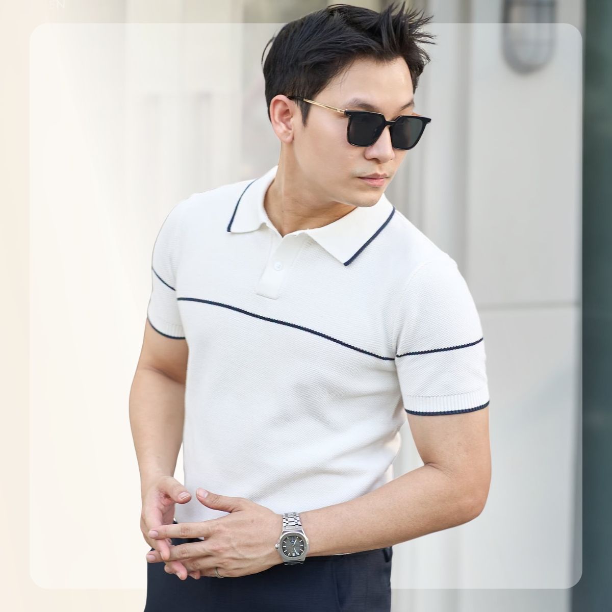 Áo polo len dệt kim nam Knit Line Polo - Trắng