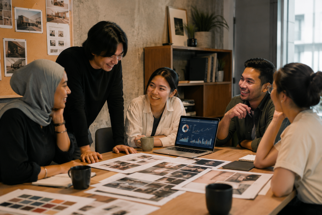 Small agency team gathered around campaign printouts and analytics dashboard during a casual post-presentation discussion.
