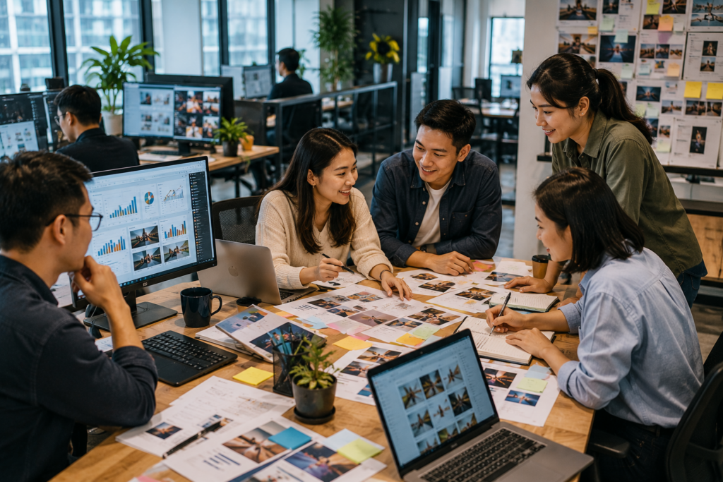 Agency specialists analysing campaign data and creative concepts together, using dashboards, reports and collaborative brainstorming.