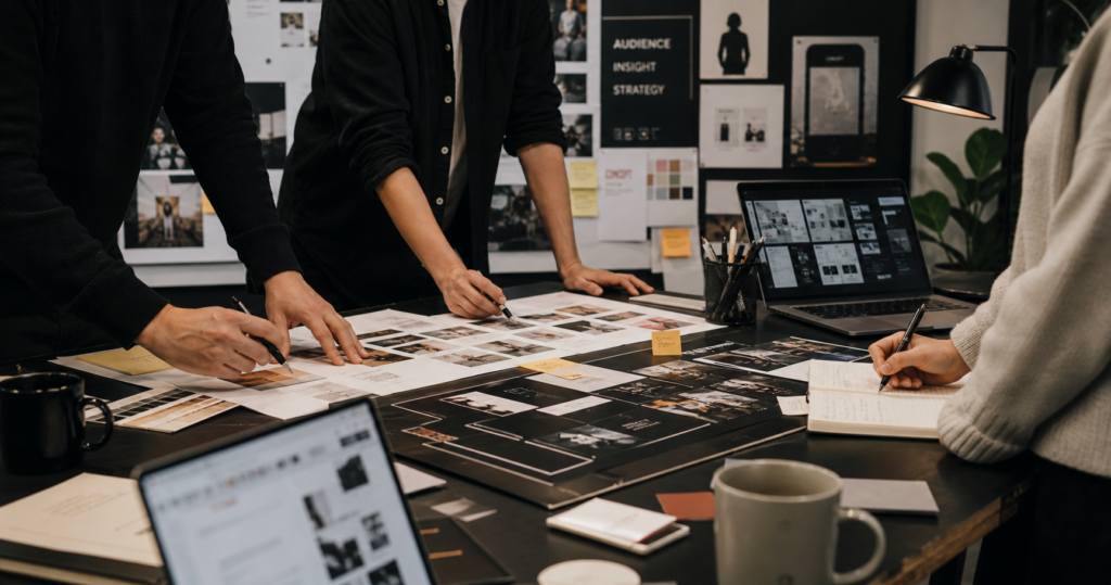 Creative agency team collaborating around a table reviewing campaign visuals and mood boards in a modern studio workspace.