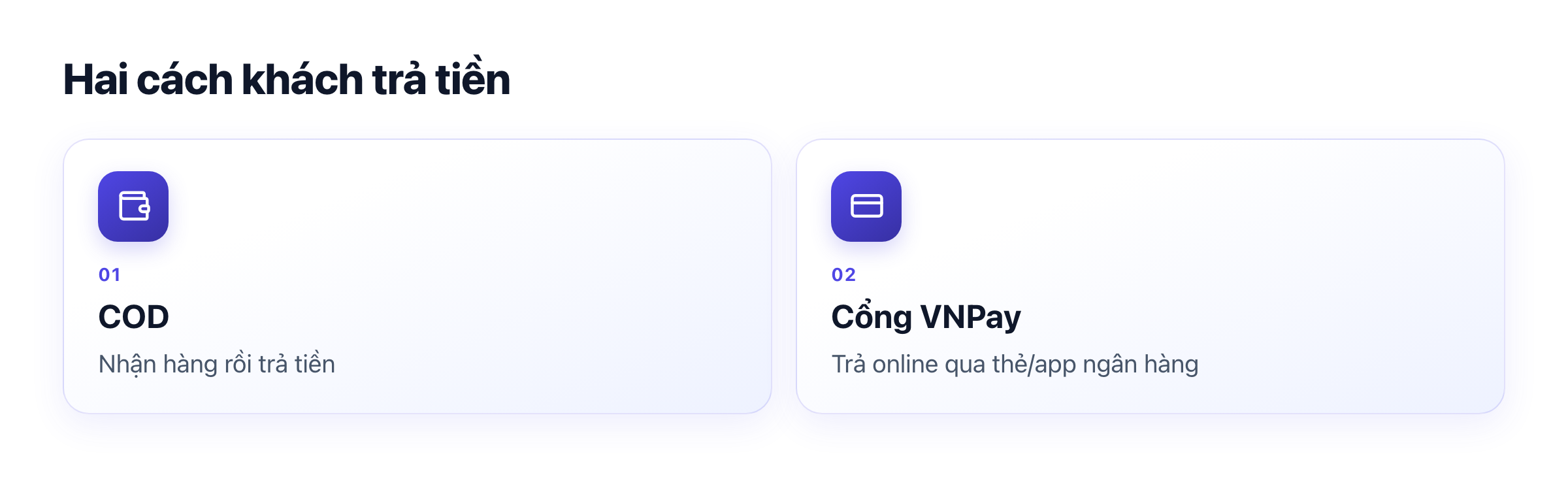 Hai cách thanh toán: COD, cổng VNPay