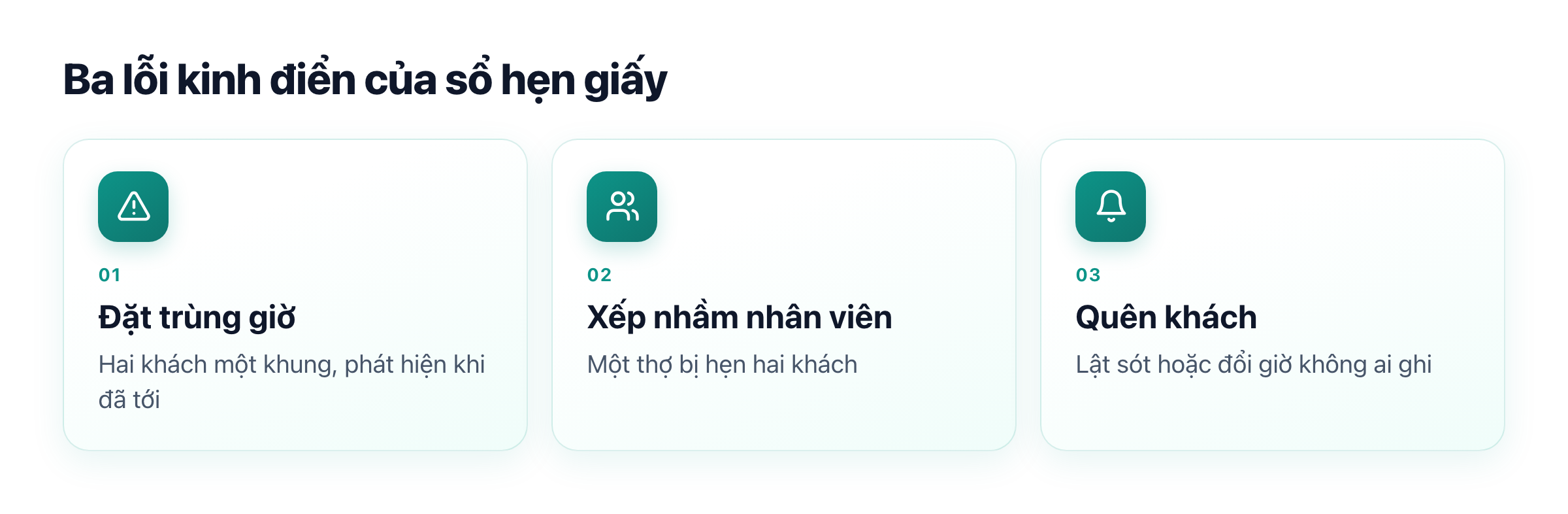 Ba lỗi sổ hẹn giấy: đặt trùng giờ, xếp nhầm nhân viên, quên khách